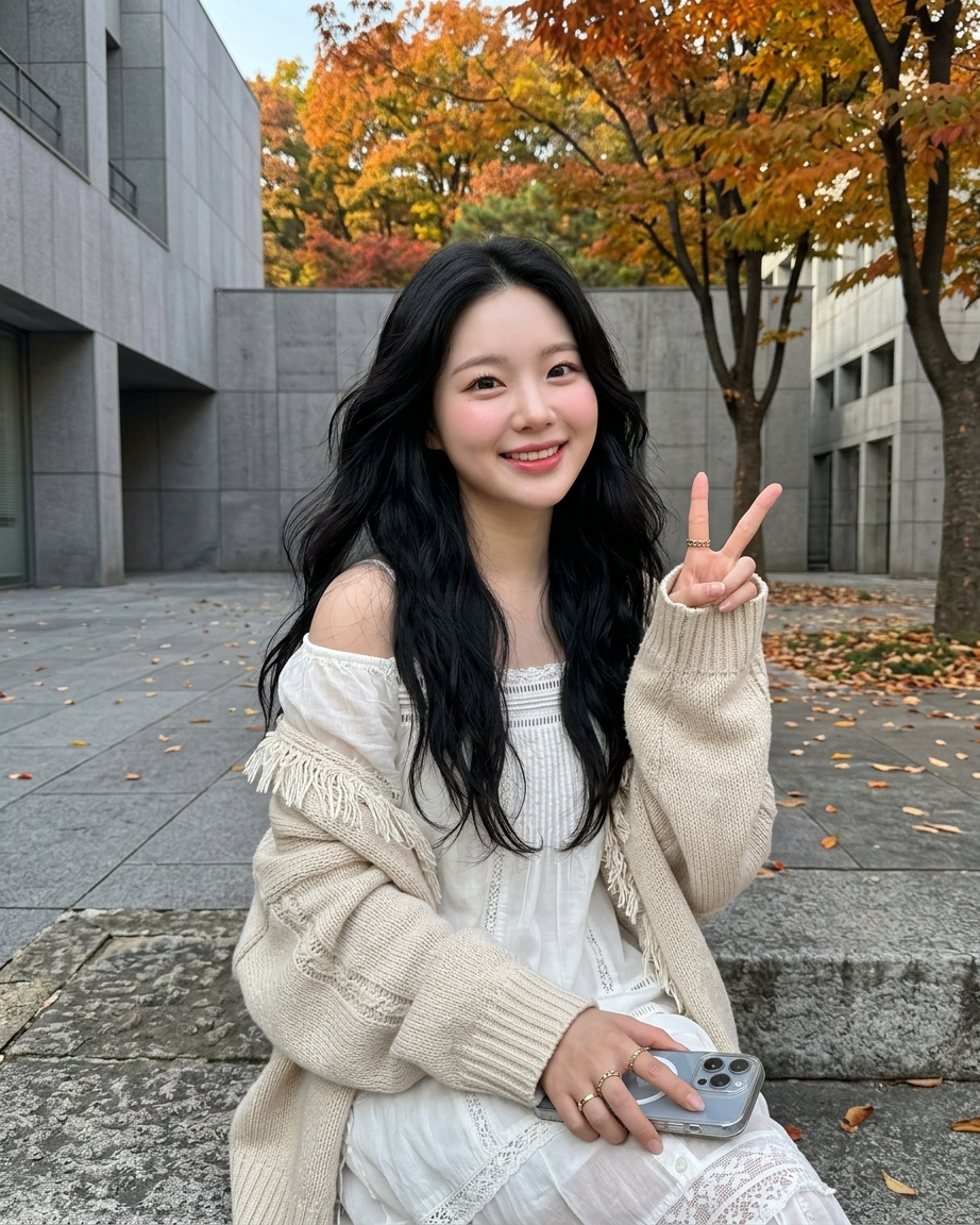 가을의 낭만을 입은 청순한 분위기의 데일리 룩 대표 이미지