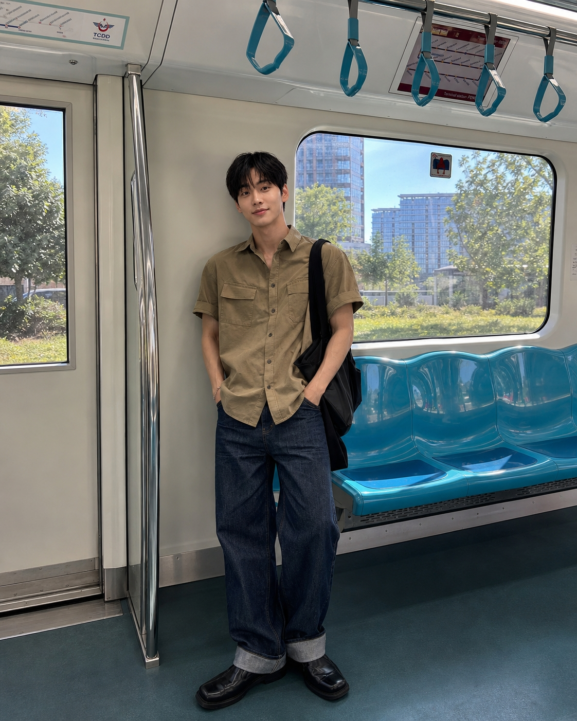 남친룩 코디, 카키 셔츠와 와이드 데님으로 만드는 남자 데일리 룩