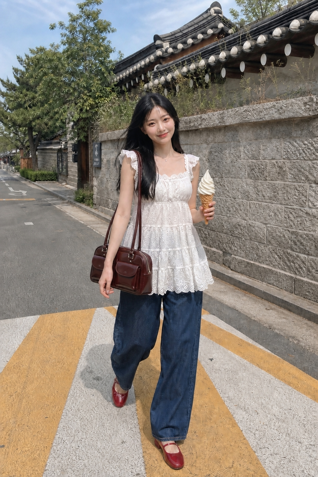 로맨틱 데일리 룩, 아일릿 블라우스와 와이드 데님으로 만드는 여자 코디