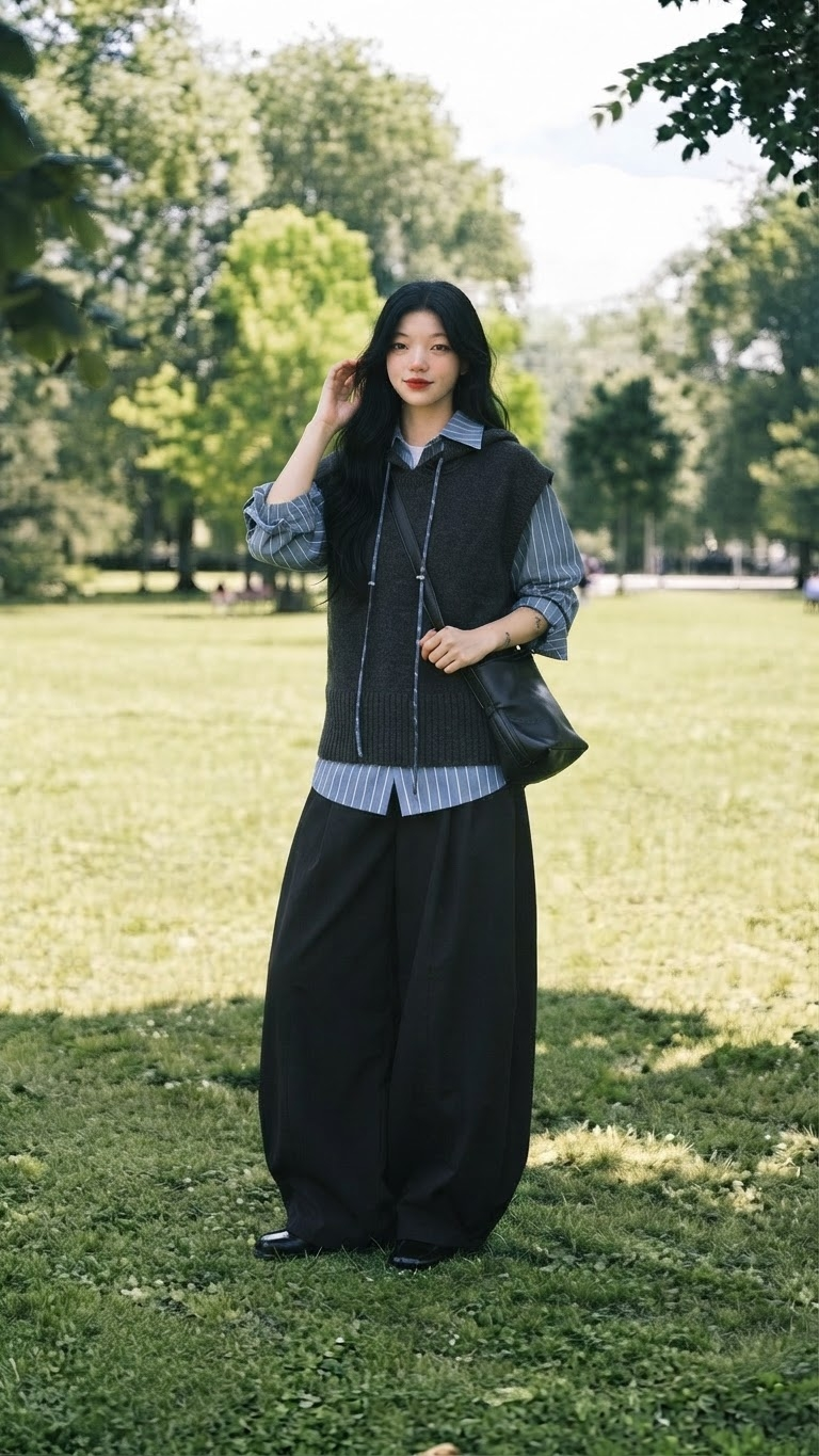 레이어드 데일리 룩, 후드 니트 베스트와 와이드 핀턱 슬랙스로 만드는 초가을 코디