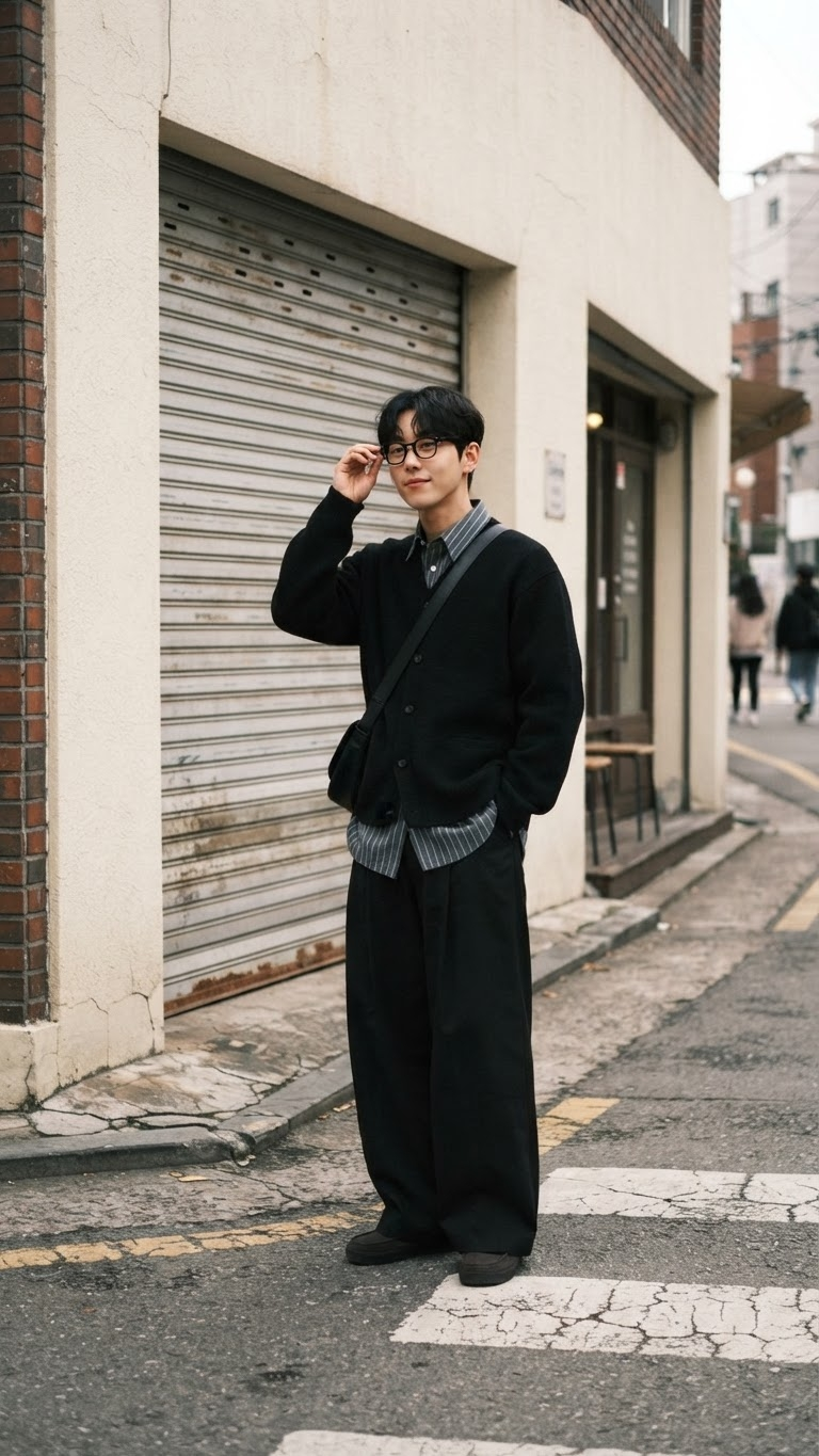 남자 미니멀룩 코디, 오버핏 가디건과 브라운 스웨이드 슈즈로 만드는 초가을 남친룩