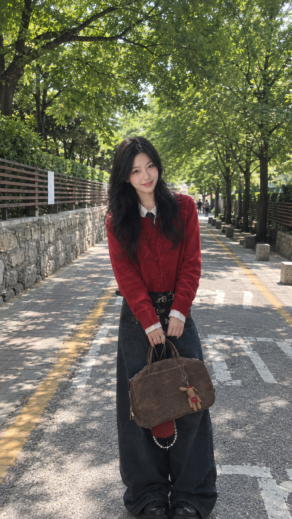 여자 캠퍼스룩 코디, 레드 가디건과 블랙 와이드 데님으로 만드는 초가을 빈티지 룩