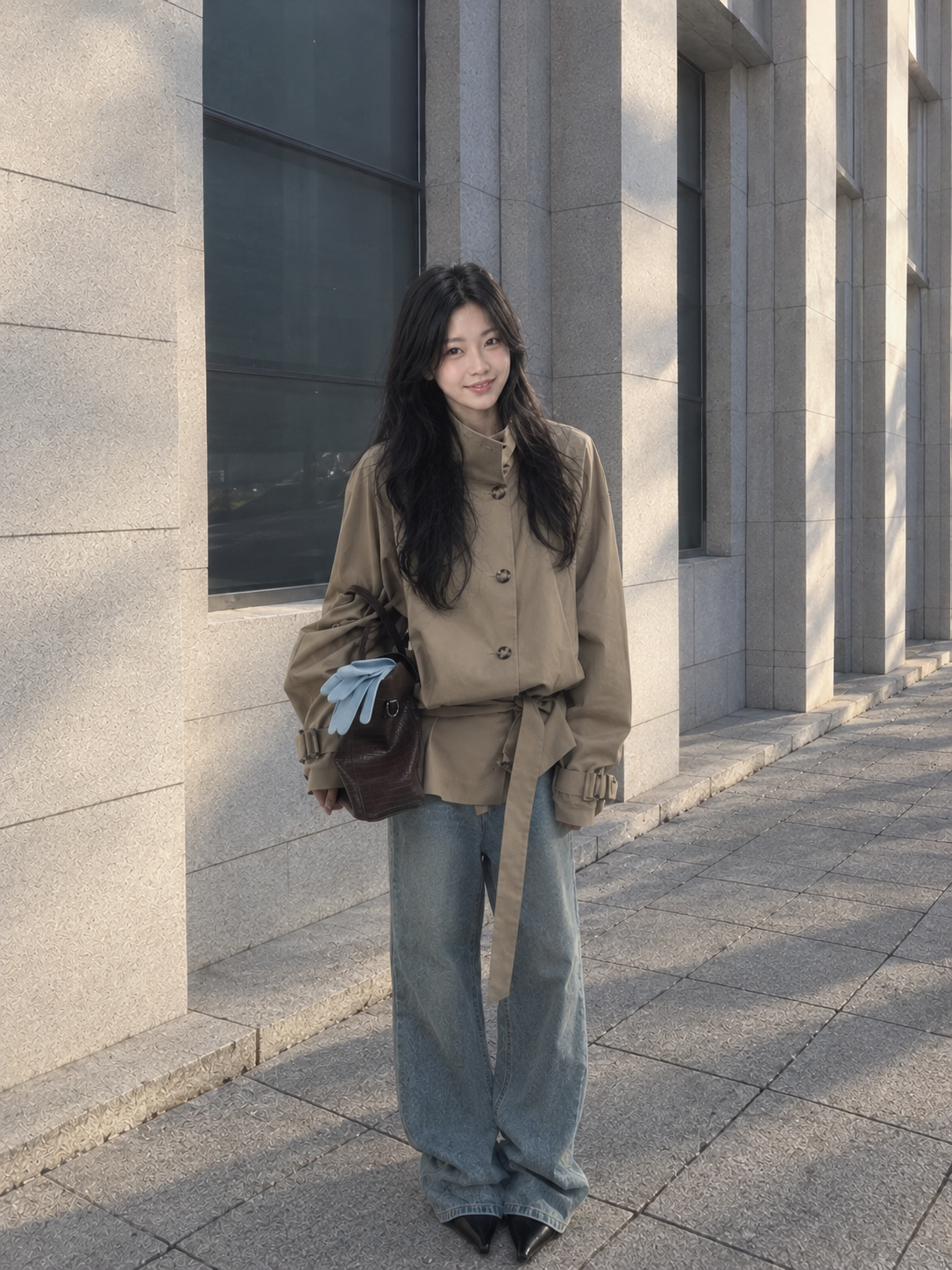 여자 간절기 코디, 숏 트렌치 재킷과 와이드 데님으로 만드는 초가을 미니멀 룩