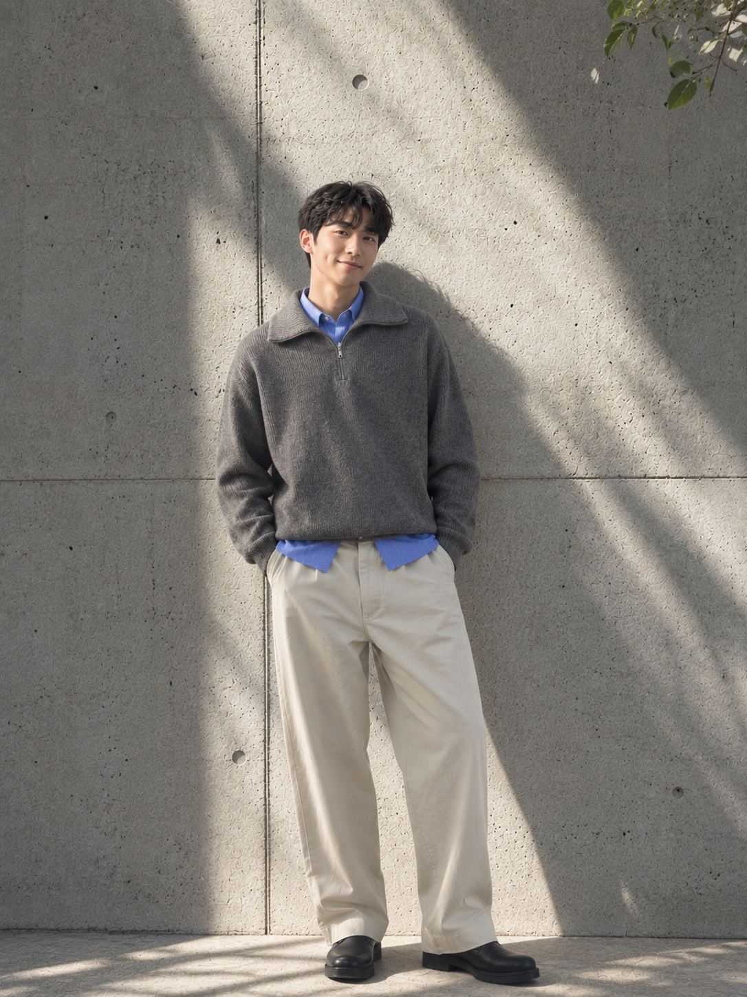 남자 가을 코디, 하프집업 니트와 베이지 치노 팬츠로 만드는 댄디 레이어드 룩 대표 이미지