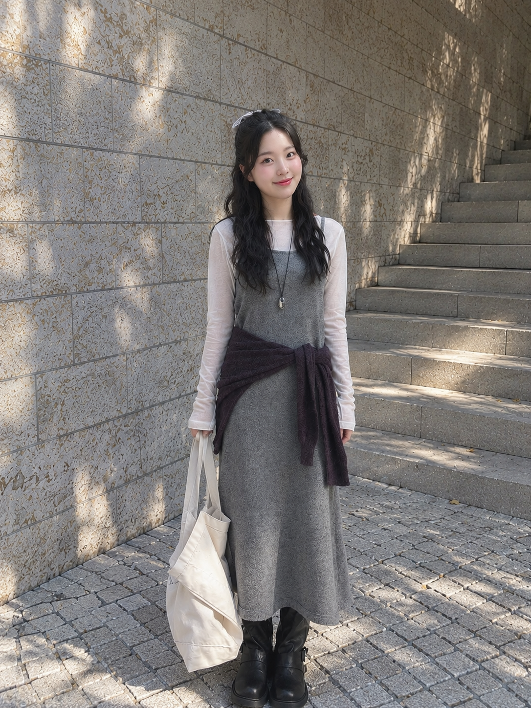 여자 10월 코디, 시스루 티셔츠와 그레이 캐미솔 원피스로 만드는 레이어드 데이트룩 대표 이미지